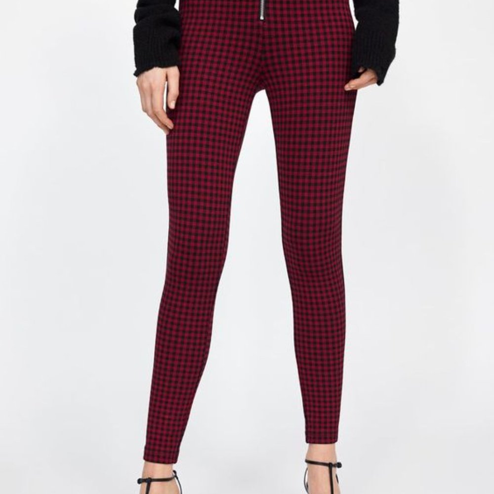 ZARA Red and Black Checked Leggings, Front Zipper, Ankle Length - Picture 7 of 8